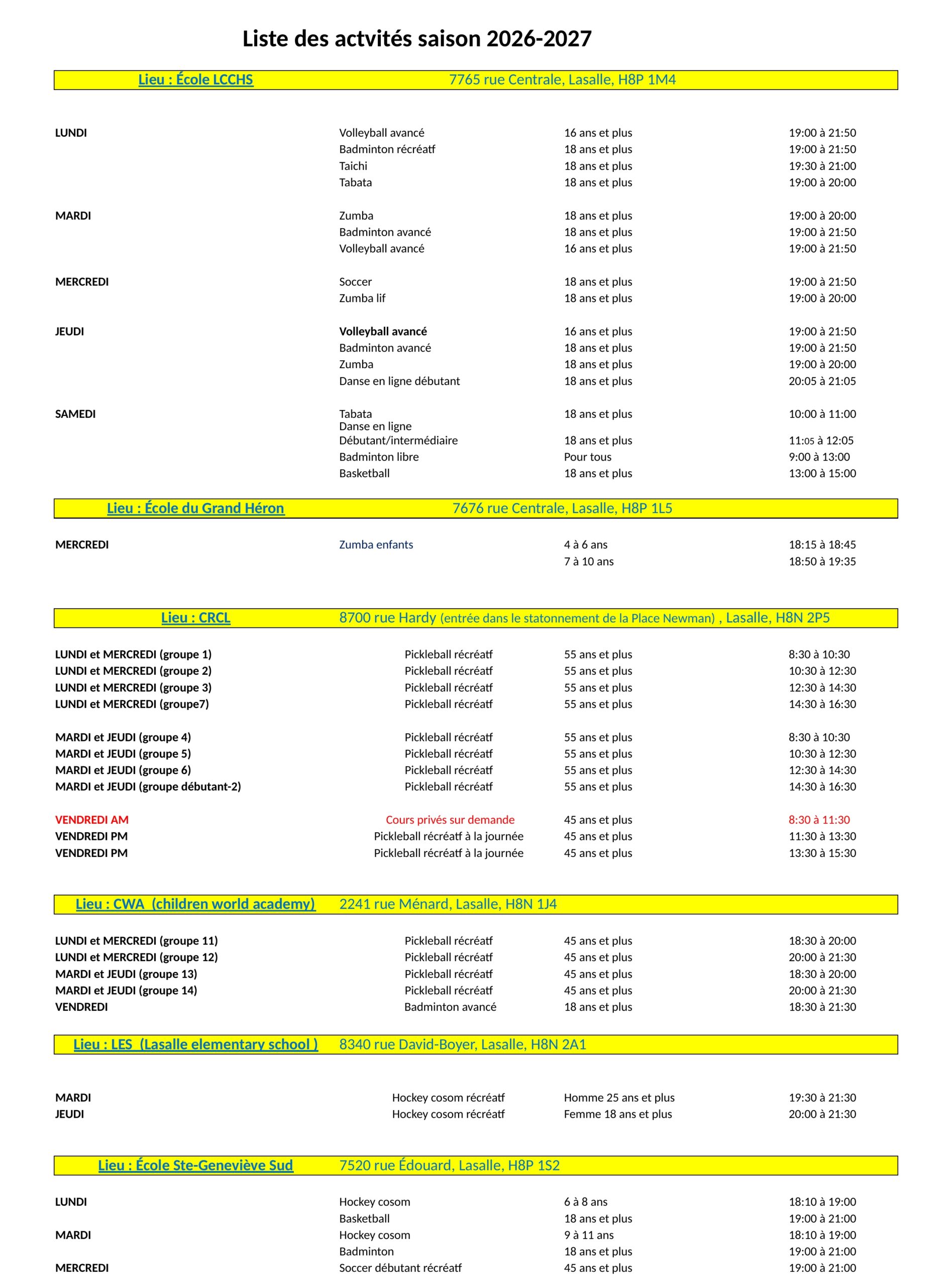Liste des activités de la saison 2026-2027 des Loisirs NDSC LaSalle